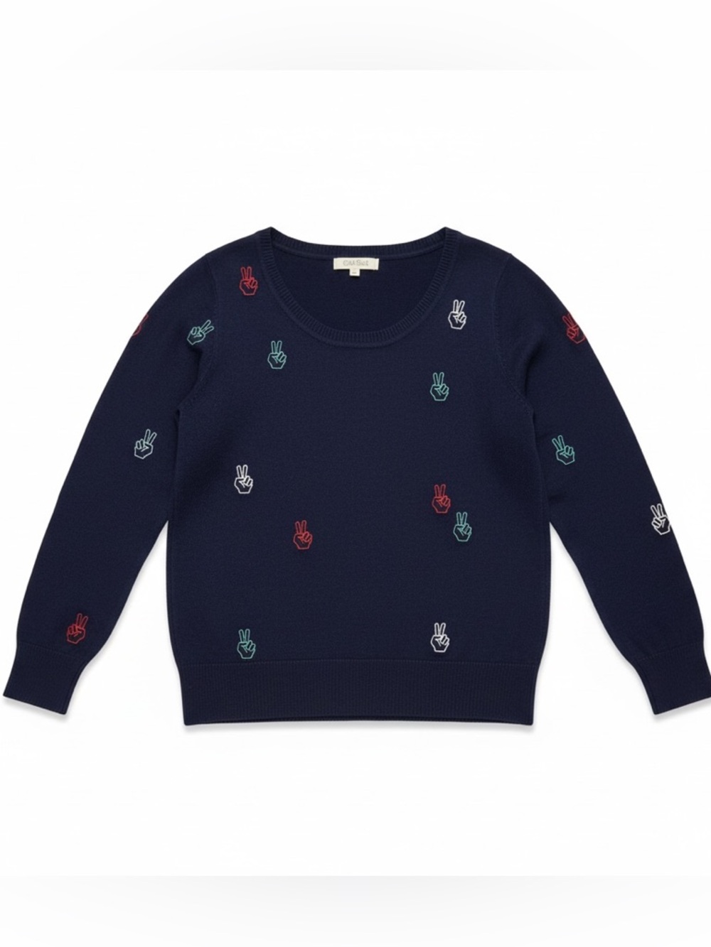 NWOT Chaser Women’s Navy‎ Peace Embroidered Crewneck Sweater Fitted Cotton